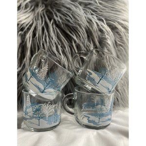 Anchor Hocking Clear Glass Coffee Tea Cups Mugs Winter Blue Scene Trees